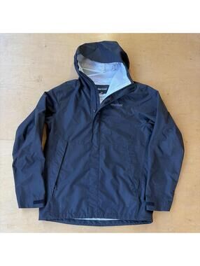 Marmot Black Medium Full Zip Hooded Windbreaker Rain Jacket Drawstring Hood